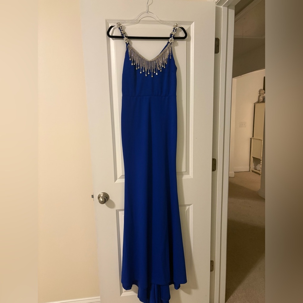 Elegant Blue Evening Gown with Silver Accents